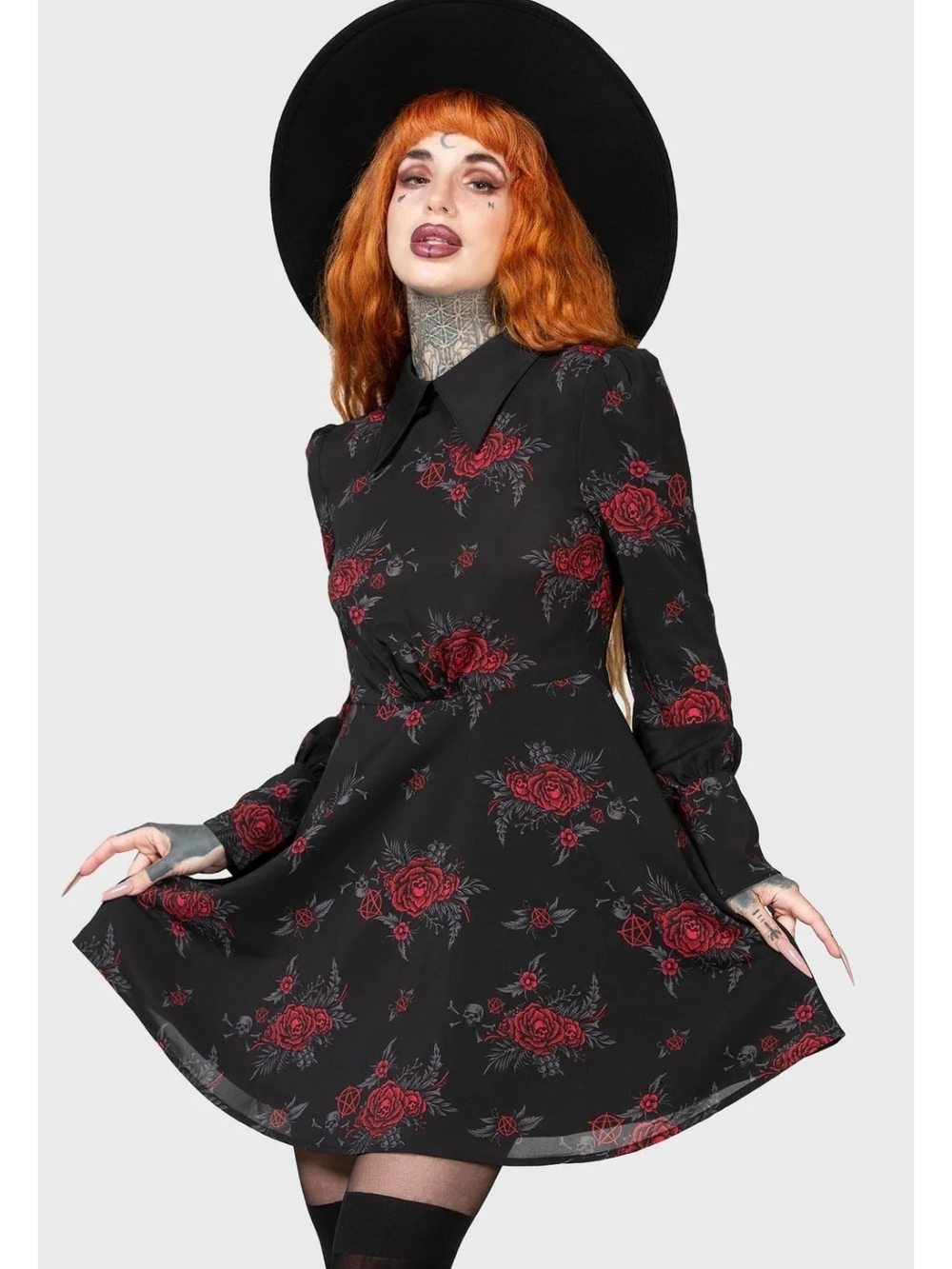 Killstar Pandora's Nightmare Floral Dress with Red Rose Print